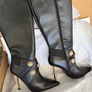 Shoe Dazzle Black Heeled Boots with Gold Buttons